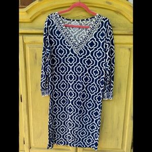 Long sleeve navy and white cotton dress.